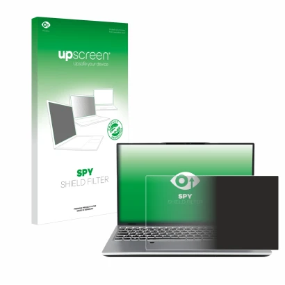 Face avant d’un emballage produit avec le logo de la marque upscreen. À côté, l’appareil terra Mobile 1551R i7 1355U W11P est 