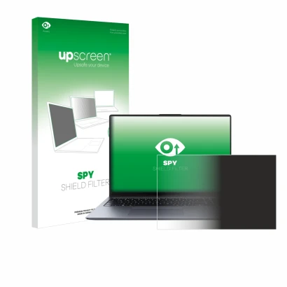 Face avant d’un emballage produit avec le logo de la marque upscreen. À côté, l’appareil Huawei MateBook D 16 2024 est représe