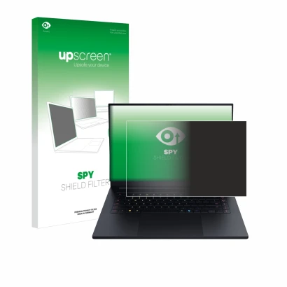 Face avant d’un emballage produit avec le logo de la marque upscreen. À côté, l’appareil Razer Blade 16 2025 est représenté av
