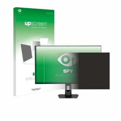 Face avant d’un emballage produit avec le logo de la marque upscreen. À côté, l’appareil ASUS ROG Strix OLED XG32UCWMG est rep