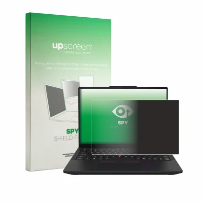 Face avant d’un emballage produit avec le logo de la marque upscreen. À côté, l’appareil Lenovo ThinkPad T14 Gen 7 est représe