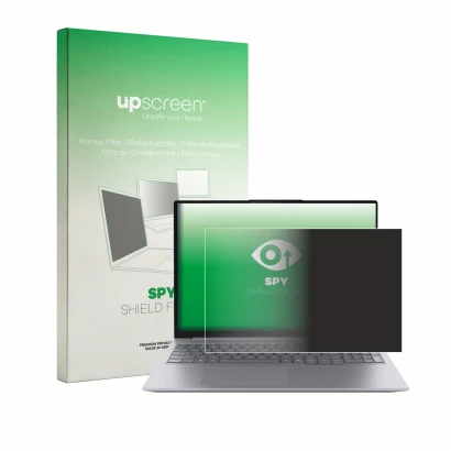 Face avant d’un emballage produit avec le logo de la marque upscreen. À côté, l’appareil Lenovo ThinkBook 16 Gen 9 est représe