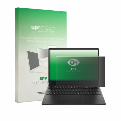 Face avant d’un emballage produit avec le logo de la marque upscreen. À côté, l’appareil HP HyperX OMEN 15 est représenté avec