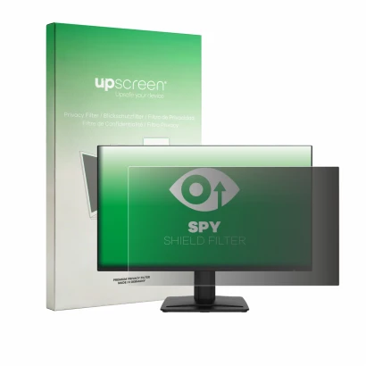 Face avant d’un emballage produit avec le logo de la marque upscreen. À côté, l’appareil MSI PRO MP243 est représenté avec la