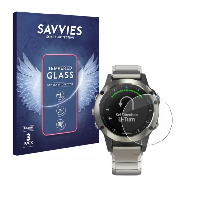 Face avant d’un emballage produit avec le logo de la marque Savvies. À côté, l’appareil Garmin quatix 5 est représenté avec la