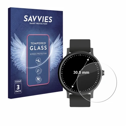 Face avant d’un emballage produit avec le logo de la marque Savvies. À côté, l’appareil Circulaire Displays (ø: 30 mm) est rep