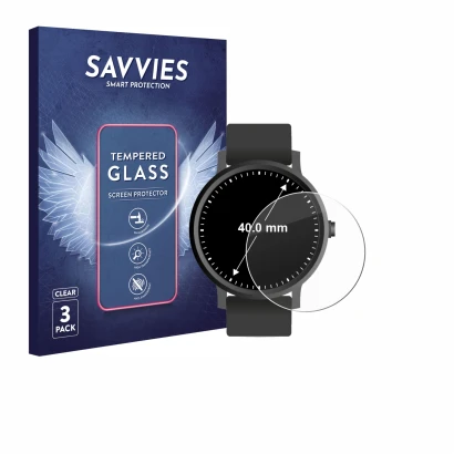 Face avant d’un emballage produit avec le logo de la marque Savvies. À côté, l’appareil Circulaire Displays (ø: 40 mm) est rep