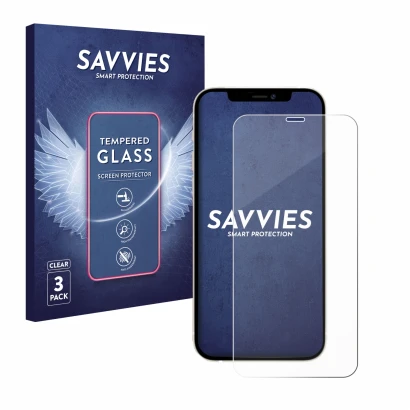 Face avant d’un emballage produit avec le logo de la marque Savvies. À côté, l’appareil Apple iPhone 12 Pro est représenté ave