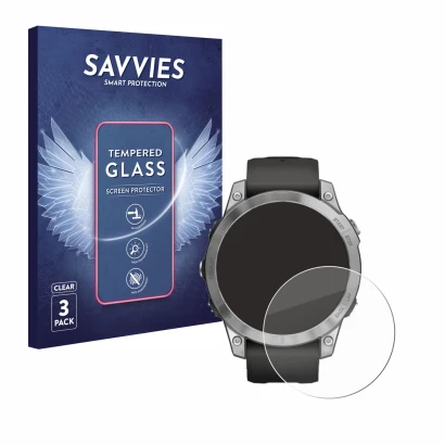 Face avant d’un emballage produit avec le logo de la marque Savvies. À côté, l’appareil Garmin Fenix 7 (47 mm) est représenté 