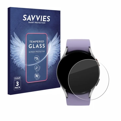 Face avant d’un emballage produit avec le logo de la marque Savvies. À côté, l’appareil Samsung Galaxy Watch 5 (40mm) est repr
