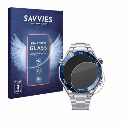 Face avant d’un emballage produit avec le logo de la marque Savvies. À côté, l’appareil Huawei Watch Ultimate (48.5 mm) est re