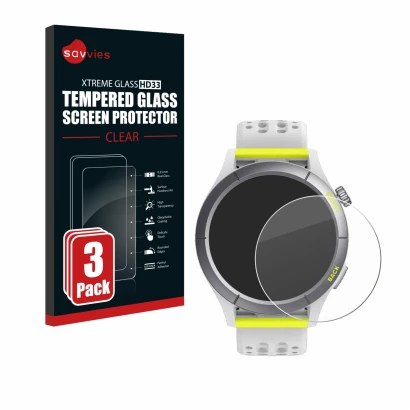 Face avant d’un emballage produit avec le logo de la marque Savvies. À côté, l’appareil Huami Amazfit Cheetah est représenté a