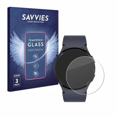Face avant d’un emballage produit avec le logo de la marque Savvies. À côté, l’appareil Samsung Galaxy Watch 6 (44 mm) est rep