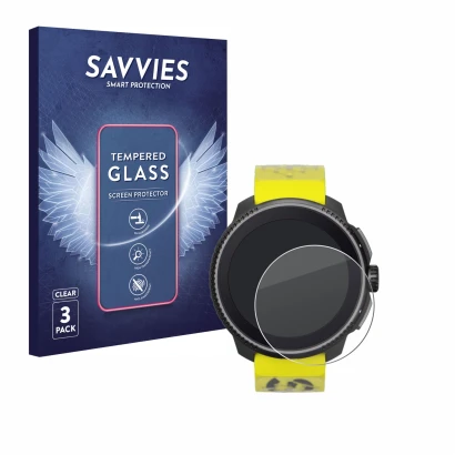 Face avant d’un emballage produit avec le logo de la marque Savvies. À côté, l’appareil Suunto Race est représenté avec la pro