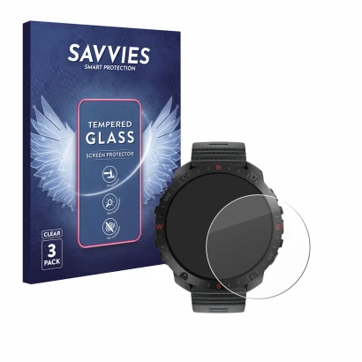 Face avant d’un emballage produit avec le logo de la marque Savvies. À côté, l’appareil Polar Grit X2 Pro est représenté avec 