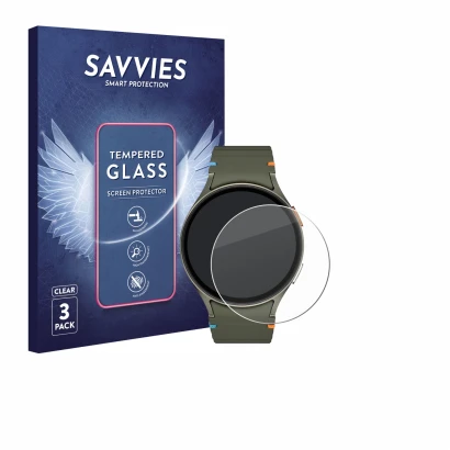 Face avant d’un emballage produit avec le logo de la marque Savvies. À côté, l’appareil Samsung Galaxy Watch 7 (44 mm) est rep
