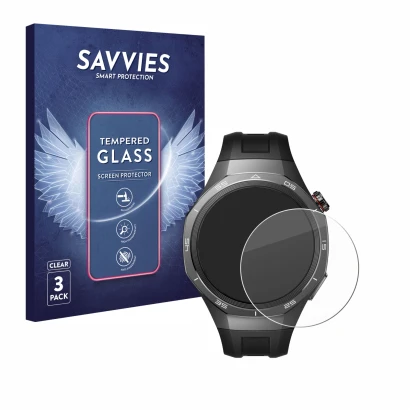 Face avant d’un emballage produit avec le logo de la marque Savvies. À côté, l’appareil Huawei Watch GT 5 Pro (46 mm) est repr