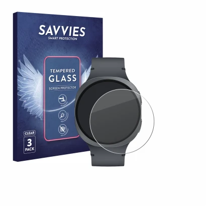 Face avant d’un emballage produit avec le logo de la marque Savvies. À côté, l’appareil Samsung Galaxy Watch 8 (44 mm) est rep