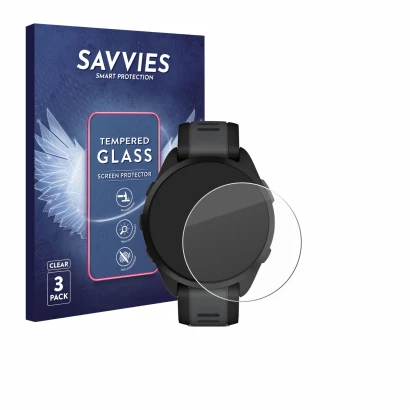 Face avant d’un emballage produit avec le logo de la marque Savvies. À côté, l’appareil Garmin Forerunner 165 Music est représ