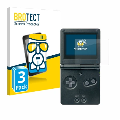 Face avant d’un emballage produit avec le logo de la marque BROTECT. À côté, l’appareil Nintendo Gameboy Advance GBA SP est re
