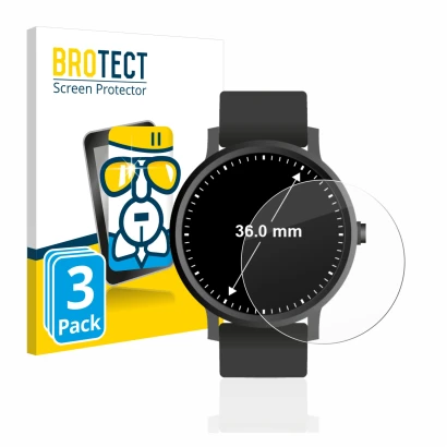 Face avant d’un emballage produit avec le logo de la marque BROTECT. À côté, l’appareil Montres (Circulaire, ø: 36 mm) est rep