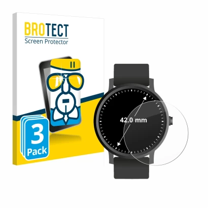 Face avant d’un emballage produit avec le logo de la marque BROTECT. À côté, l’appareil Montres (Circulaire, ø: 42 mm) est rep