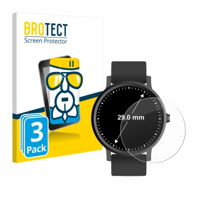 Face avant d’un emballage produit avec le logo de la marque BROTECT. À côté, l’appareil Montres (Circulaire, ø: 29 mm) est rep