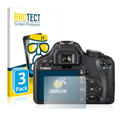 Face avant d’un emballage produit avec le logo de la marque BROTECT. À côté, l’appareil Canon EOS 500D est représenté avec la 