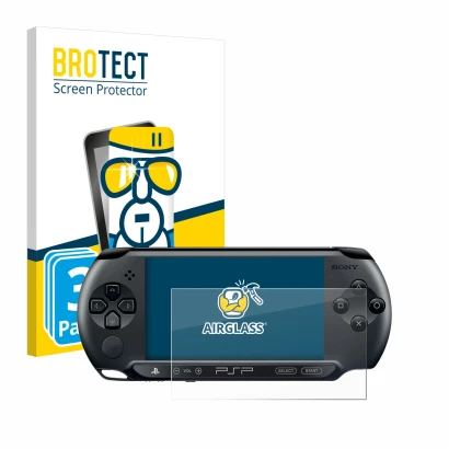 Face avant d’un emballage produit avec le logo de la marque BROTECT. À côté, l’appareil Sony PSP Street E1004 est représenté a