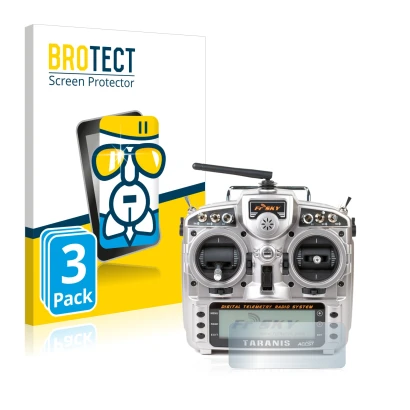 Face avant d’un emballage produit avec le logo de la marque BROTECT. À côté, l’appareil FrSky Taranis X9D est représenté avec