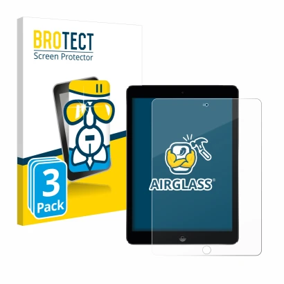 Face avant d’un emballage produit avec le logo de la marque BROTECT. À côté, l’appareil Apple iPad Air 2 2014 est représenté a