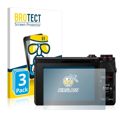 Face avant d’un emballage produit avec le logo de la marque BROTECT. À côté, l’appareil Canon PowerShot G7 X G7X est représent