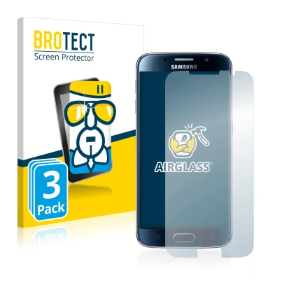 Face avant d’un emballage produit avec le logo de la marque BROTECT. À côté, l’appareil Samsung Galaxy S6 est représenté avec 
