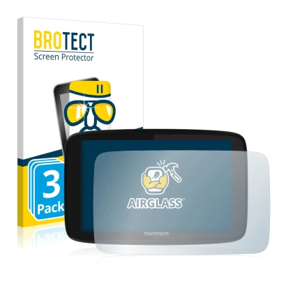 Face avant d’un emballage produit avec le logo de la marque BROTECT. À côté, l’appareil TomTom GO 520 est représenté avec la p
