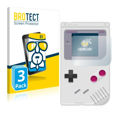Face avant d’un emballage produit avec le logo de la marque BROTECT. À côté, l’appareil Nintendo Gameboy (1989) est représenté