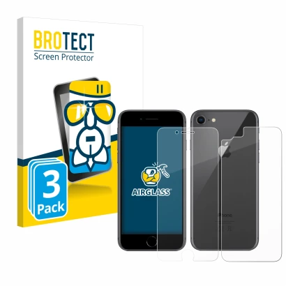 Face avant d’un emballage produit avec le logo de la marque BROTECT. À côté, l’appareil Apple iPhone 8 (Avant+Arrière) est rep