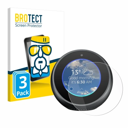 Face avant d’un emballage produit avec le logo de la marque BROTECT. À côté, l’appareil Amazon Echo Spot est représenté avec l
