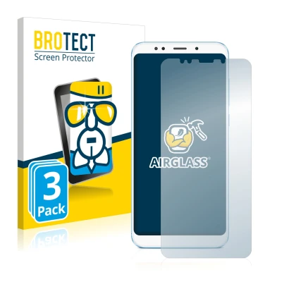 Face avant d’un emballage produit avec le logo de la marque BROTECT. À côté, l’appareil Xiaomi Redmi 5 Plus est représenté ave