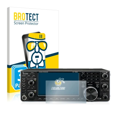 Face avant d’un emballage produit avec le logo de la marque BROTECT. À côté, l’appareil Icom IC-7610 est représenté avec la pr