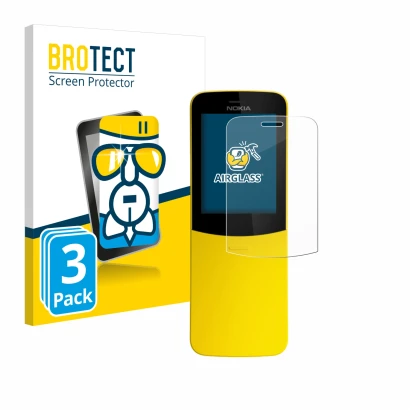 Face avant d’un emballage produit avec le logo de la marque BROTECT. À côté, l’appareil Nokia 8110 est représenté avec la prot