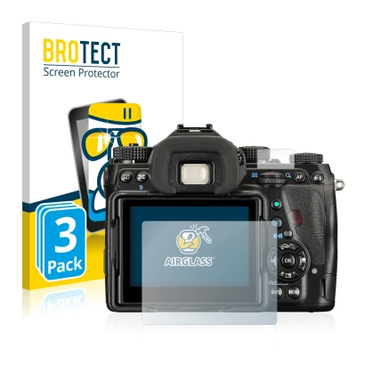 Face avant d’un emballage produit avec le logo de la marque BROTECT. À côté, l’appareil Pentax K-1 Mark II est représenté avec