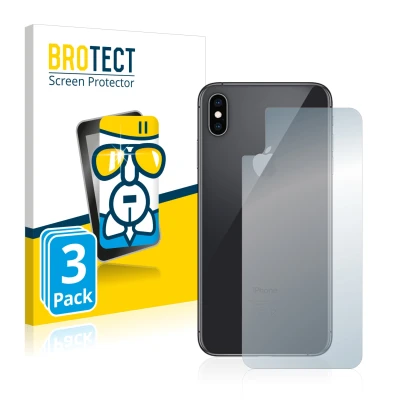 Face avant d’un emballage produit avec le logo de la marque BROTECT. À côté, l’appareil Apple iPhone Xs Max (Le dos) est repré