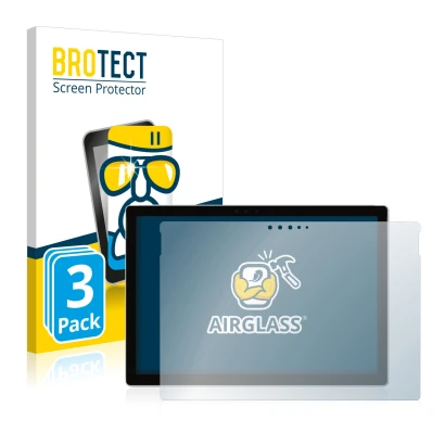 Face avant d’un emballage produit avec le logo de la marque BROTECT. À côté, l’appareil Microsoft Surface Pro 6 est représenté