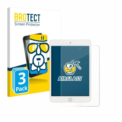 Face avant d’un emballage produit avec le logo de la marque BROTECT. À côté, l’appareil Apple iPad Mini 5 2019 (5ème Gen.) est