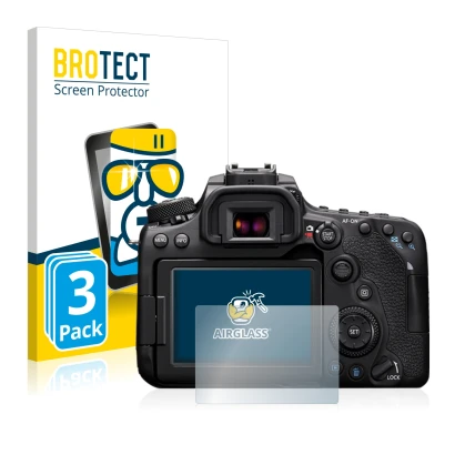 Face avant d’un emballage produit avec le logo de la marque BROTECT. À côté, l’appareil Canon EOS 90D est représenté avec la p