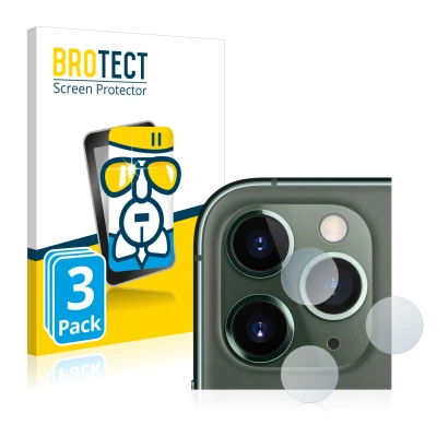 Face avant d’un emballage produit avec le logo de la marque BROTECT. À côté, l’appareil Apple iPhone 11 Pro Max (Caméra UNIQUE