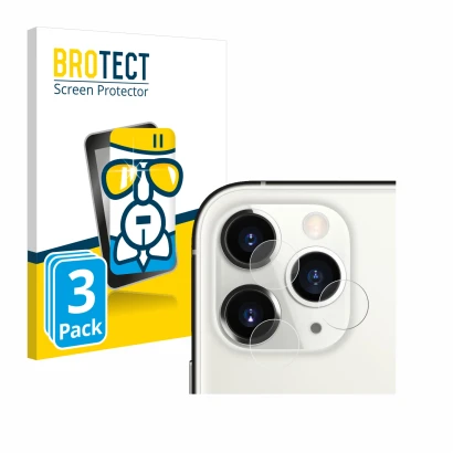 Face avant d’un emballage produit avec le logo de la marque BROTECT. À côté, l’appareil Apple iPhone 11 Pro (Caméra UNIQUEMENT