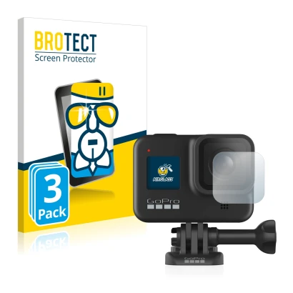 Face avant d’un emballage produit avec le logo de la marque BROTECT. À côté, l’appareil GoPro Hero 8 Black (Lentille) est repr