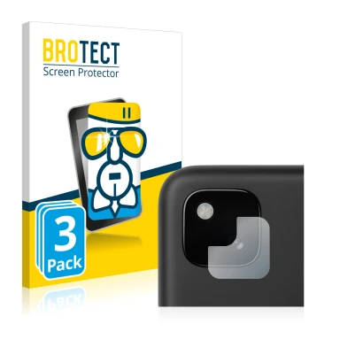 Face avant d’un emballage produit avec le logo de la marque BROTECT. À côté, l’appareil Google Pixel 4a (Caméra UNIQUEMENT) es