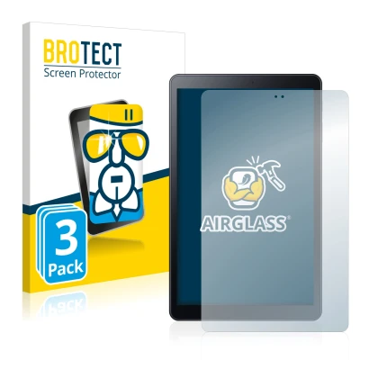 Face avant d’un emballage produit avec le logo de la marque BROTECT. À côté, l’appareil Samsung Galaxy Tab A 10.5 WiFi 2018 es
